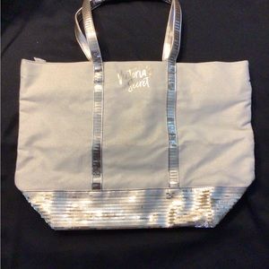 Victoria's Secret Canvas Cream Tote Bag Gold Sequins